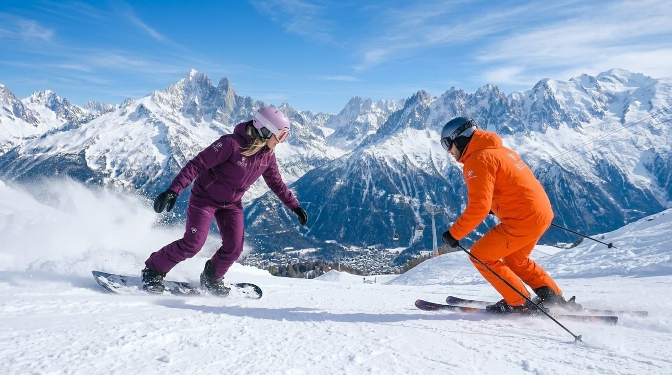 Une snowboardeuse en violet et un skieur en orange face à face sur la piste